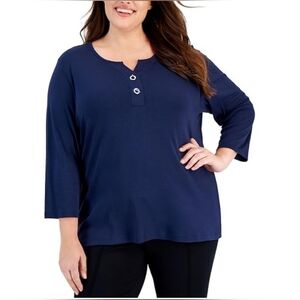 Karen Scott Navy Blue Toggle Henley Split Neckline Size 3X 100% Cotton Knit Top